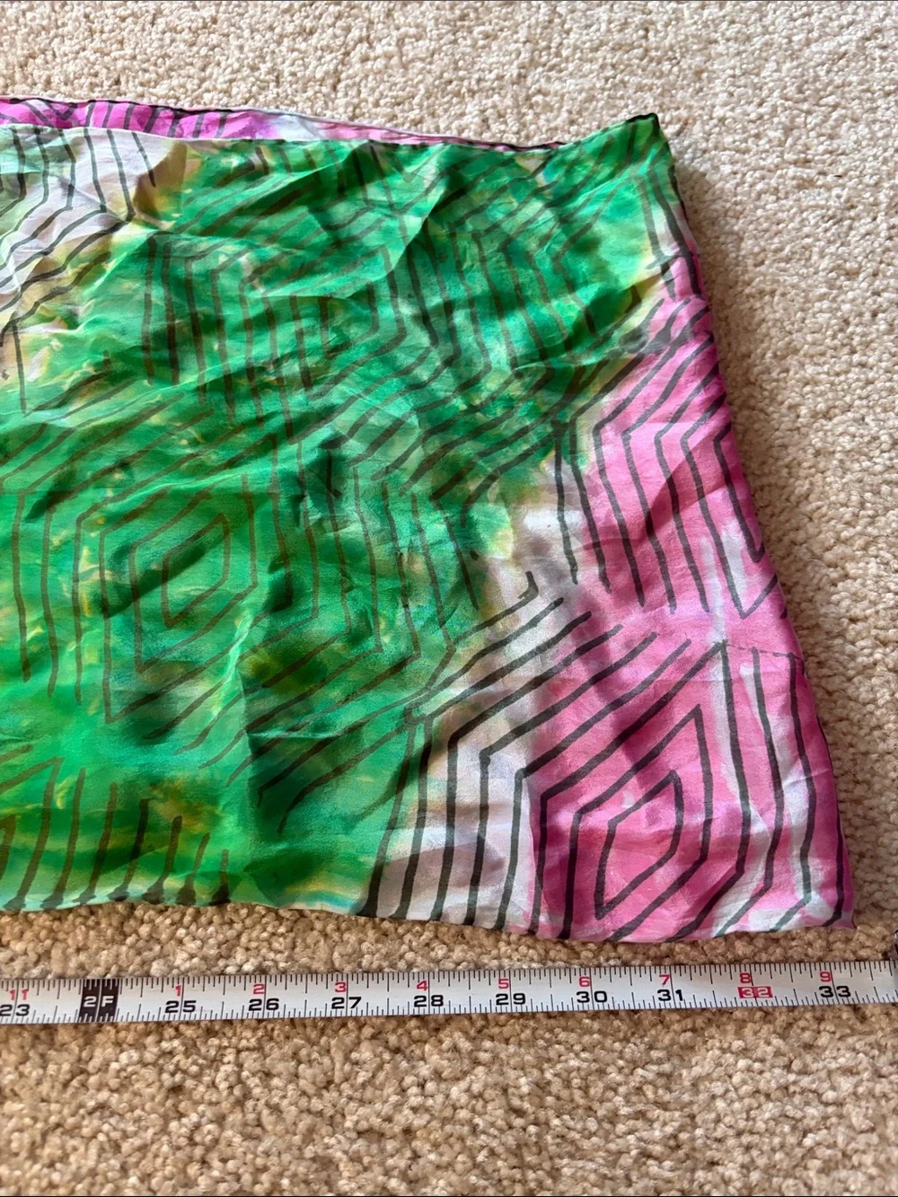 Vibrant Green, White and Pink Geometric Patterned Women's Scarf -  100% Silk